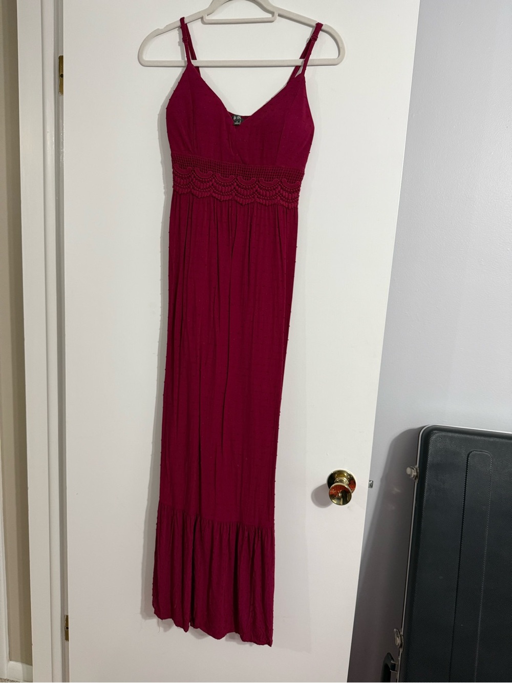 Women's Fitted Maxi Dress with Crochet Waist - Deep Berry